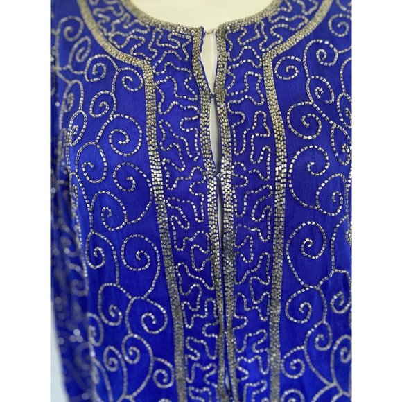 Vintage Silk Beaded Sequined Royal Blue and Silver Jacket Oversized Size XS GUC - Picture 3 of 12